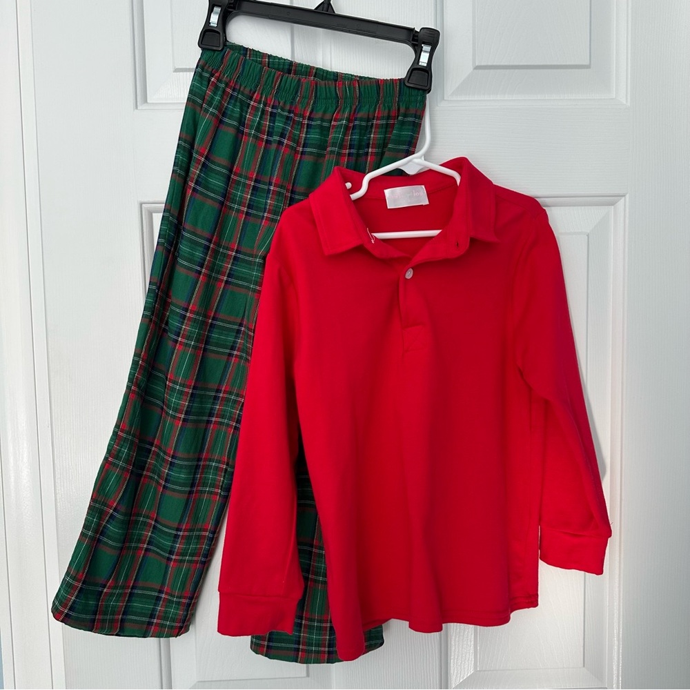 Cecil & Lou Boys Green & Red Plaid Flannel Polo Pants Set Sz 6 Holiday EUC